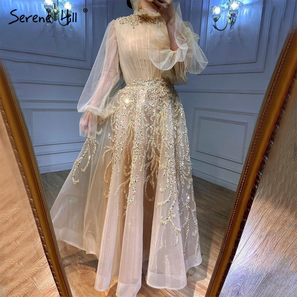 Vestidos de noche musulmanes de lujo color champán, 2025, mangas farol, corte A, para mujer, fiesta, LA71035 