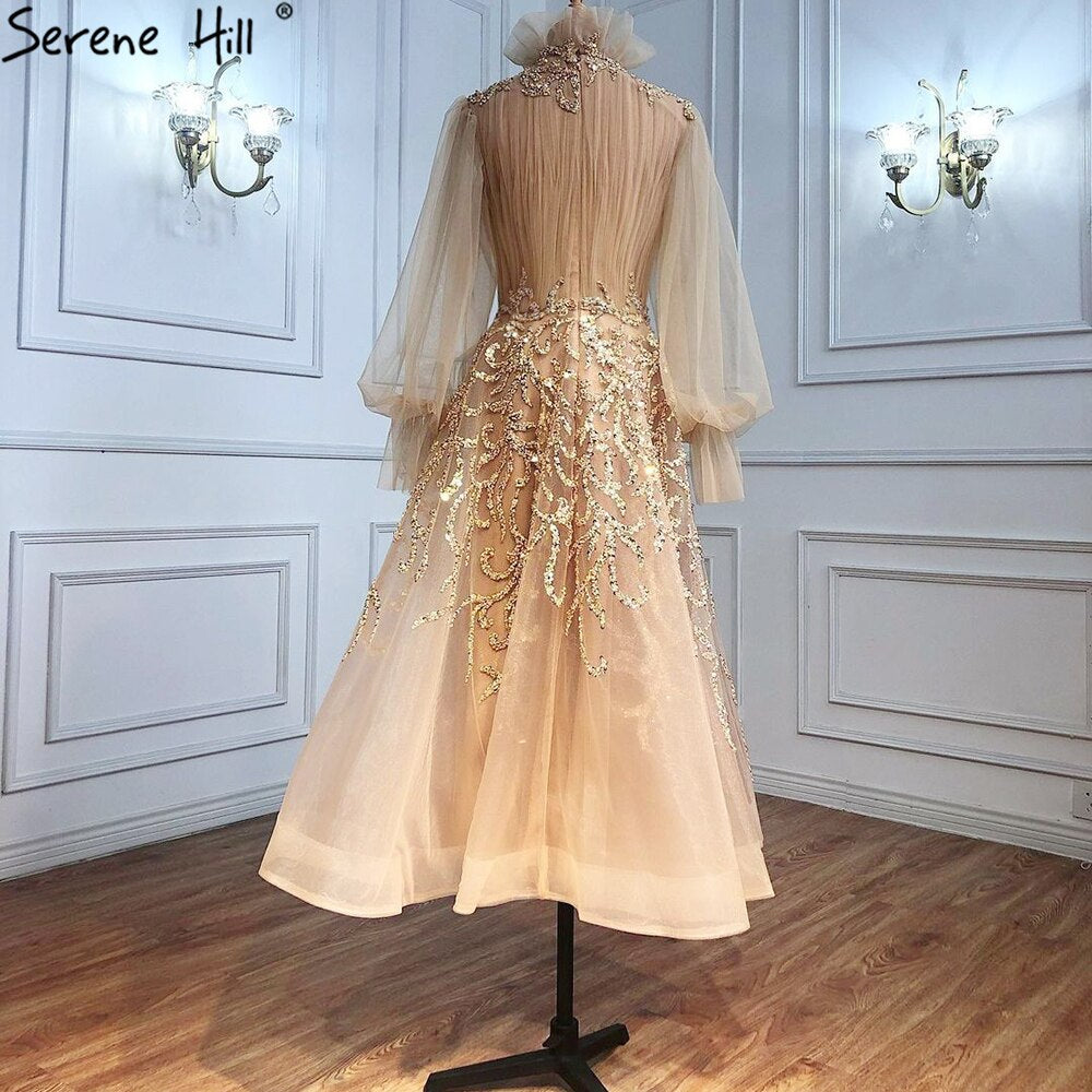 Vestidos de noche musulmanes de lujo color champán, 2025, mangas farol, corte A, para mujer, fiesta, LA71035 