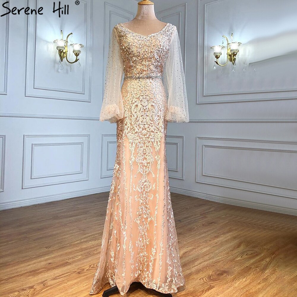 Muslimischen Champagner Luxus Abendkleider Kleider 2025 Meerjungfrau Elegante Perlen Für Frauen Hochzeit Party LA71225 