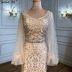 Muslimischen Champagner Luxus Abendkleider Kleider 2025 Meerjungfrau Elegante Perlen Für Frauen Hochzeit Party LA71225 