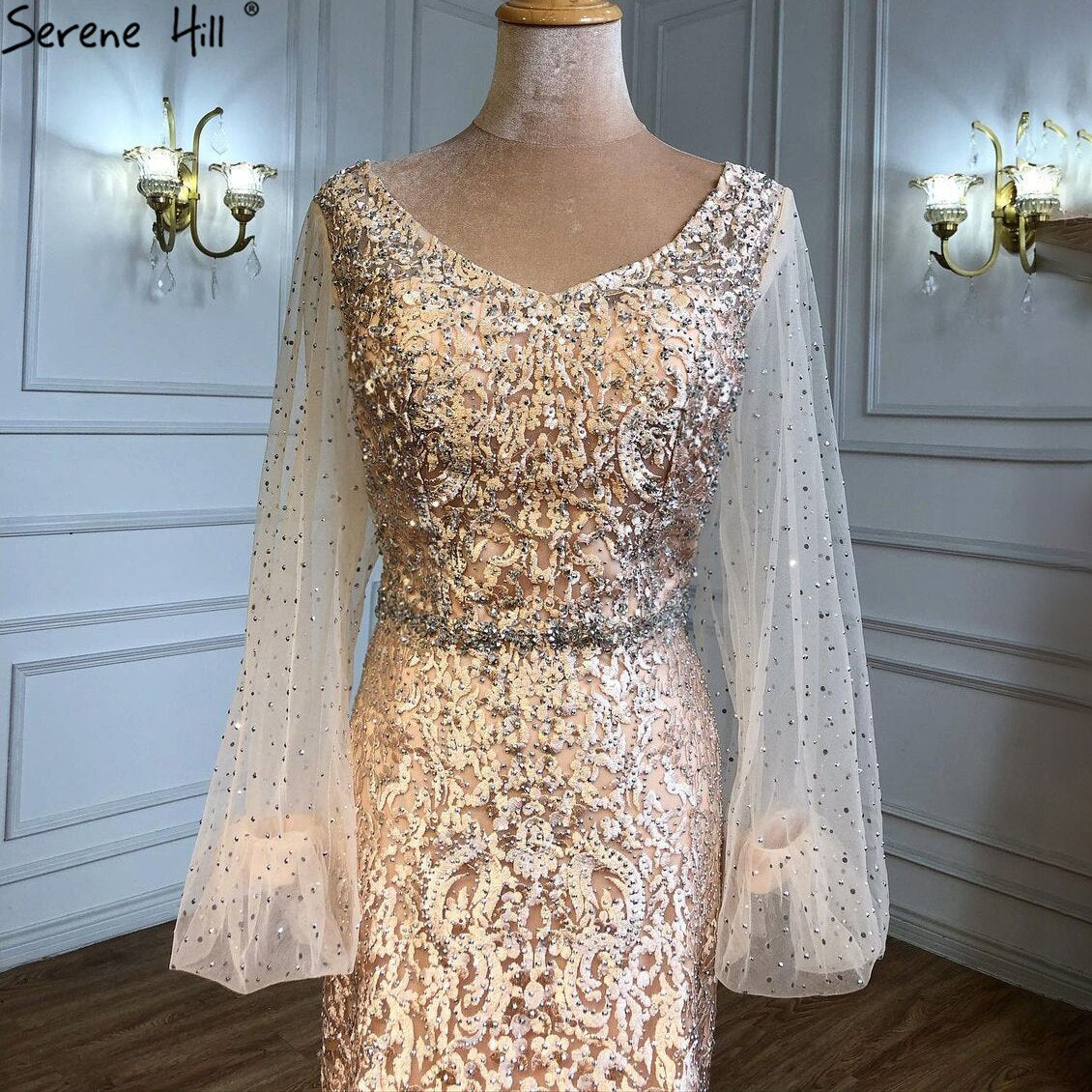Muslimischen Champagner Luxus Abendkleider Kleider 2025 Meerjungfrau Elegante Perlen Für Frauen Hochzeit Party LA71225 