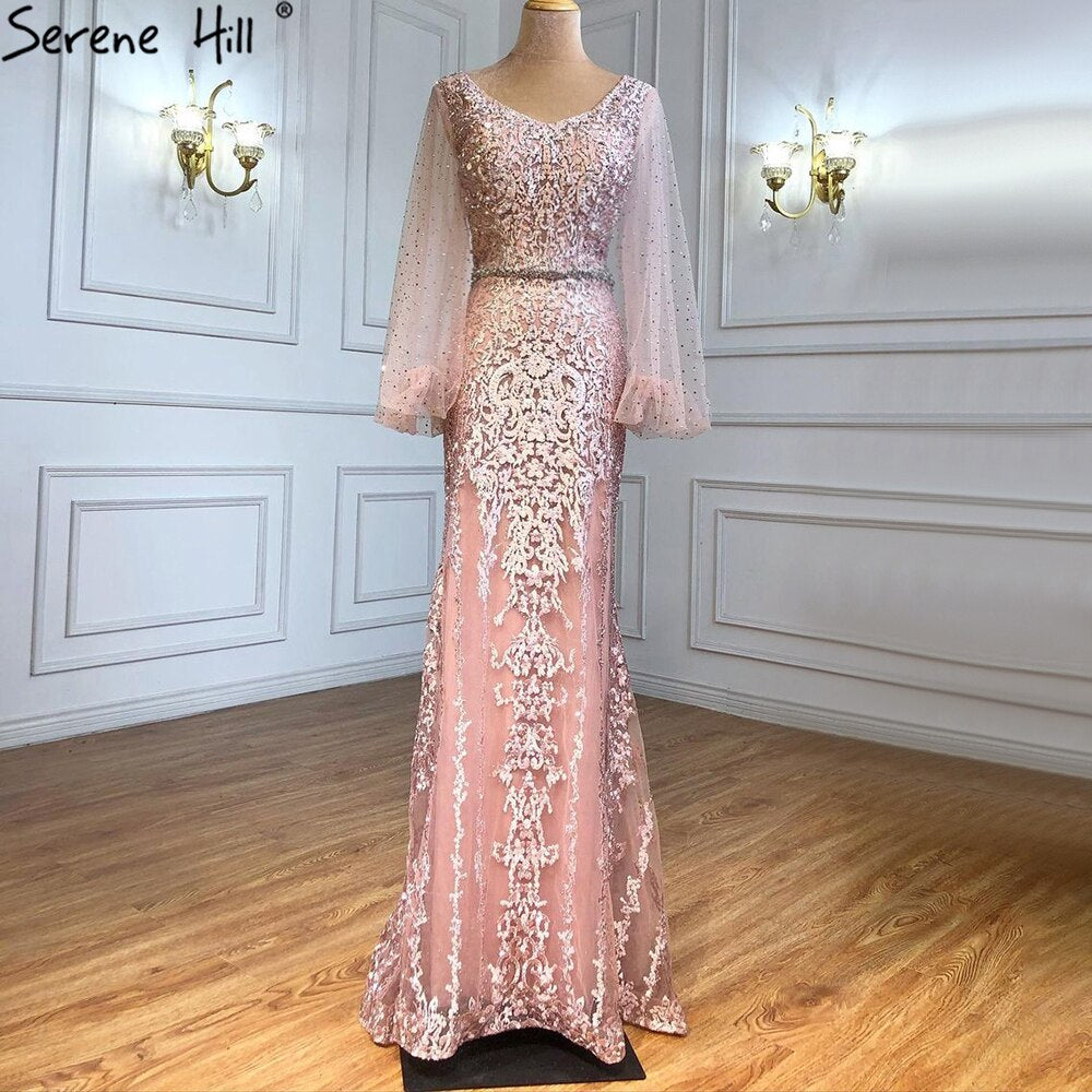 Muslimischen Champagner Luxus Abendkleider Kleider 2025 Meerjungfrau Elegante Perlen Für Frauen Hochzeit Party LA71225 
