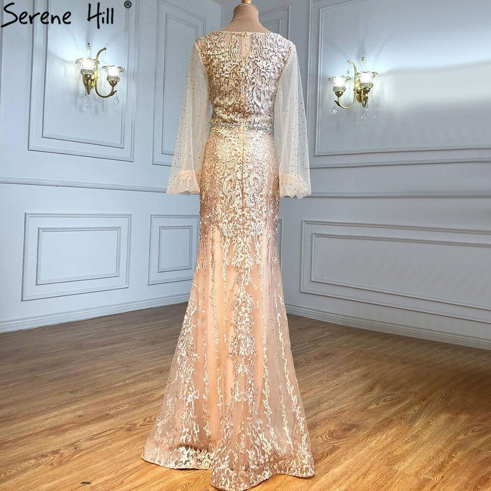 Muslimischen Champagner Luxus Abendkleider Kleider 2025 Meerjungfrau Elegante Perlen Für Frauen Hochzeit Party LA71225 