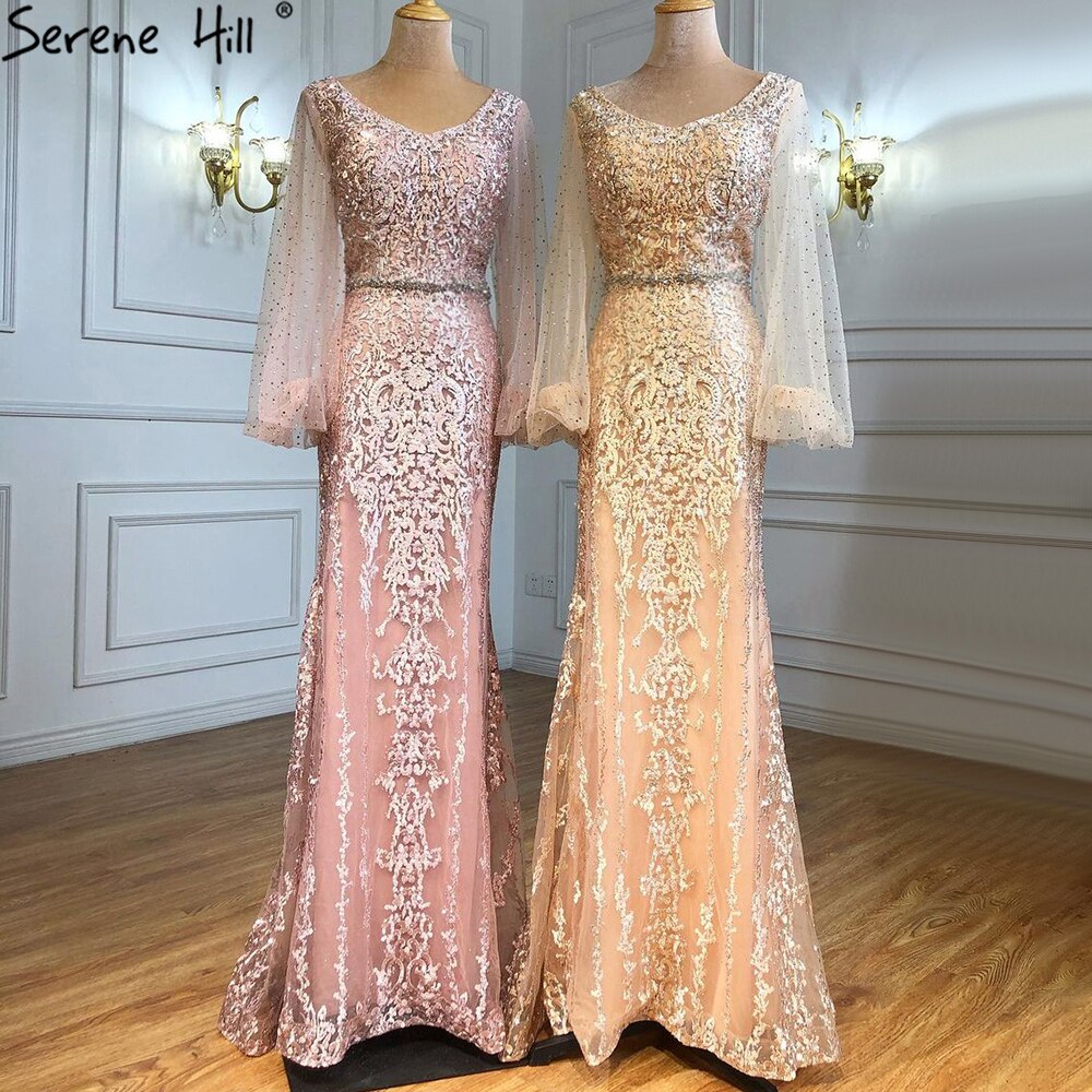 Muslimischen Champagner Luxus Abendkleider Kleider 2025 Meerjungfrau Elegante Perlen Für Frauen Hochzeit Party LA71225 