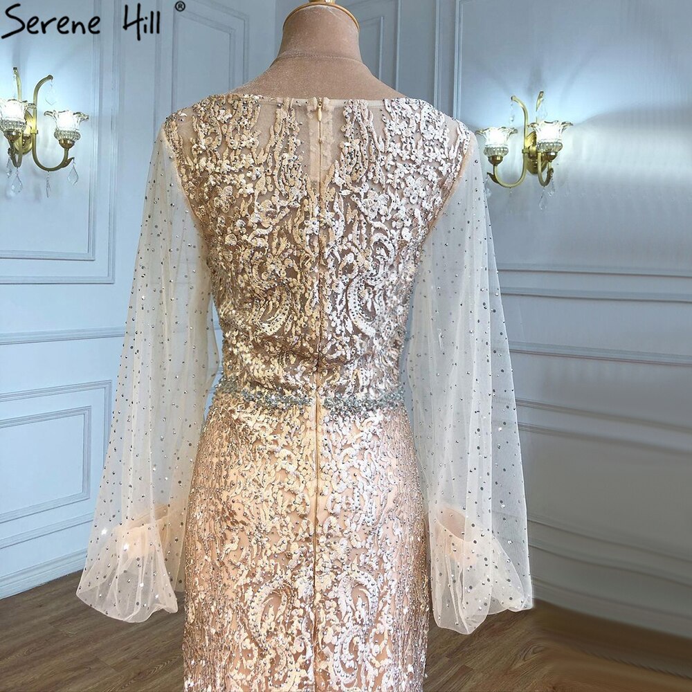 Muslimischen Champagner Luxus Abendkleider Kleider 2025 Meerjungfrau Elegante Perlen Für Frauen Hochzeit Party LA71225 
