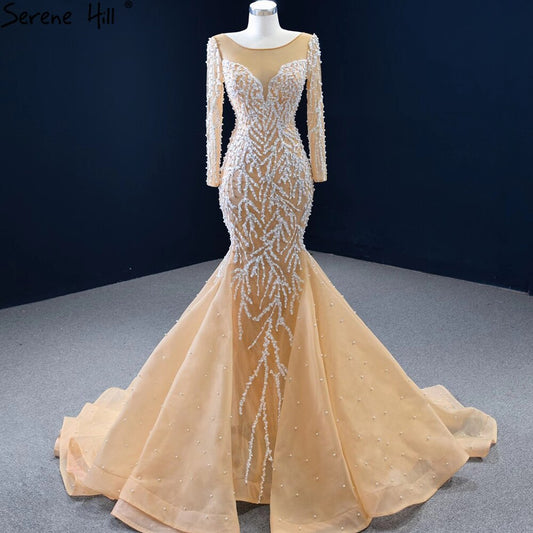 Muslim Champange Mermaid Evening Dresses 2025 Luxury Beading Elegant Party   Gowns For Women HM67211