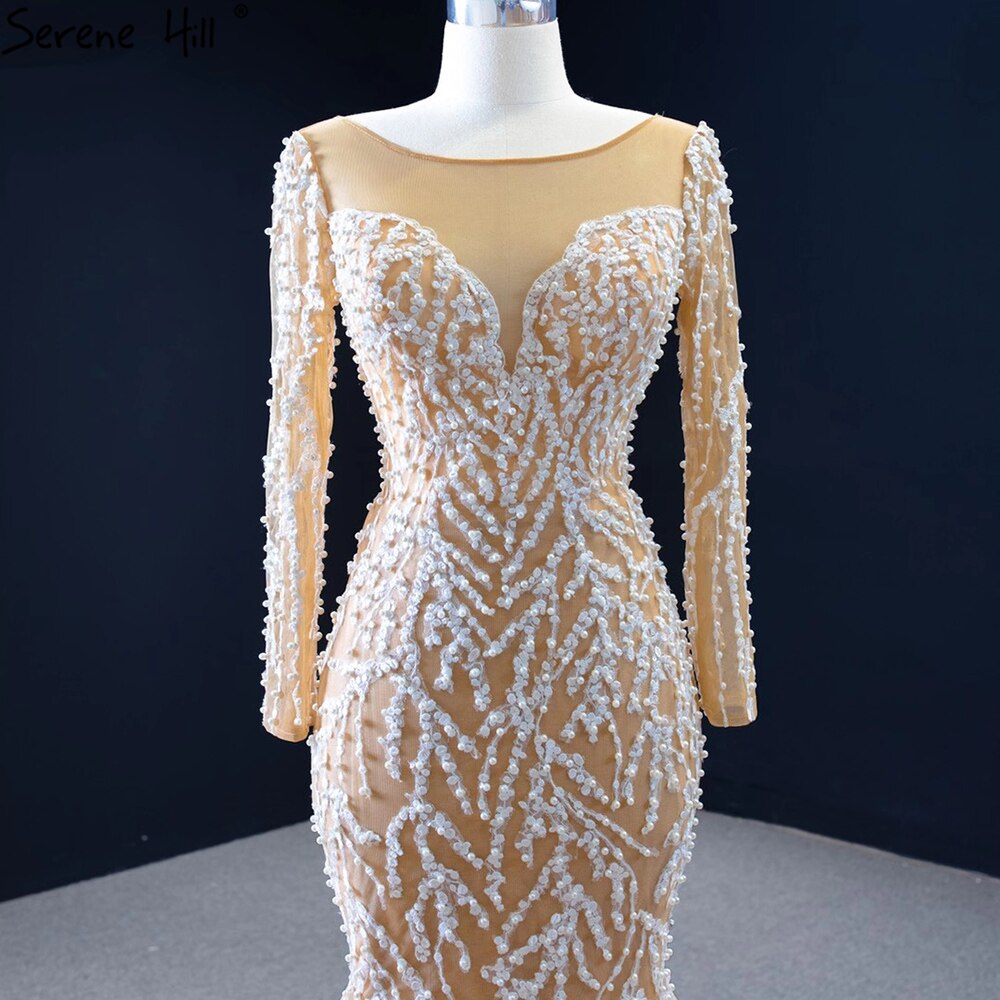 Muslimischen Champange Meerjungfrau Abendkleider 2025 Luxus Perlen Elegante Party Kleider Für Frauen HM67211 