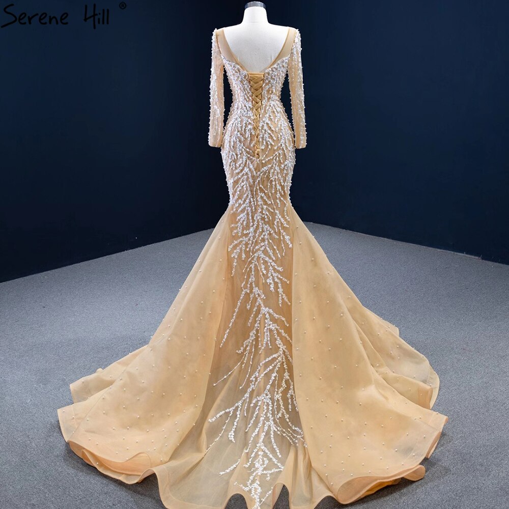 Muslimischen Champange Meerjungfrau Abendkleider 2025 Luxus Perlen Elegante Party Kleider Für Frauen HM67211 
