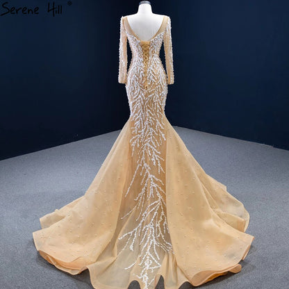 Muslim Champange Mermaid Evening Dresses 2025 Luxury Beading Elegant Party   Gowns For Women HM67211