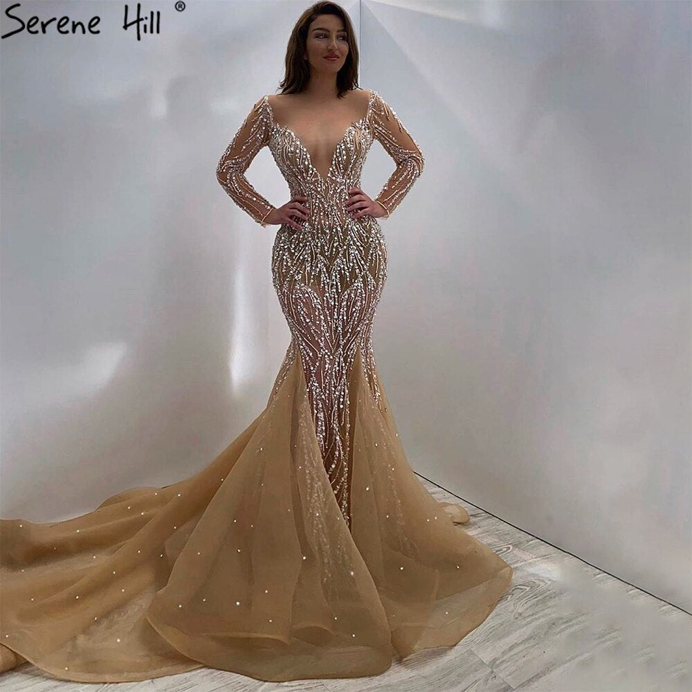 Muslimischen Champange Meerjungfrau Abendkleider 2025 Luxus Perlen Elegante Party Kleider Für Frauen HM67211 