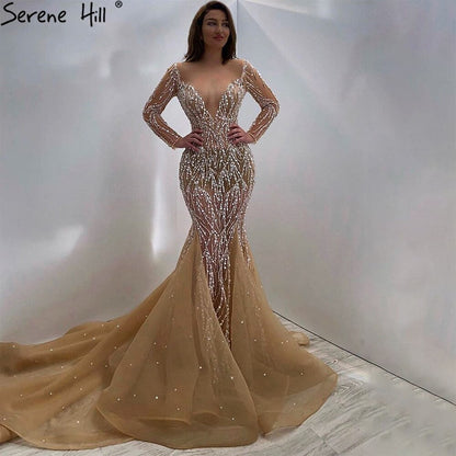 Muslim Champange Mermaid Evening Dresses 2025 Luxury Beading Elegant Party   Gowns For Women HM67211