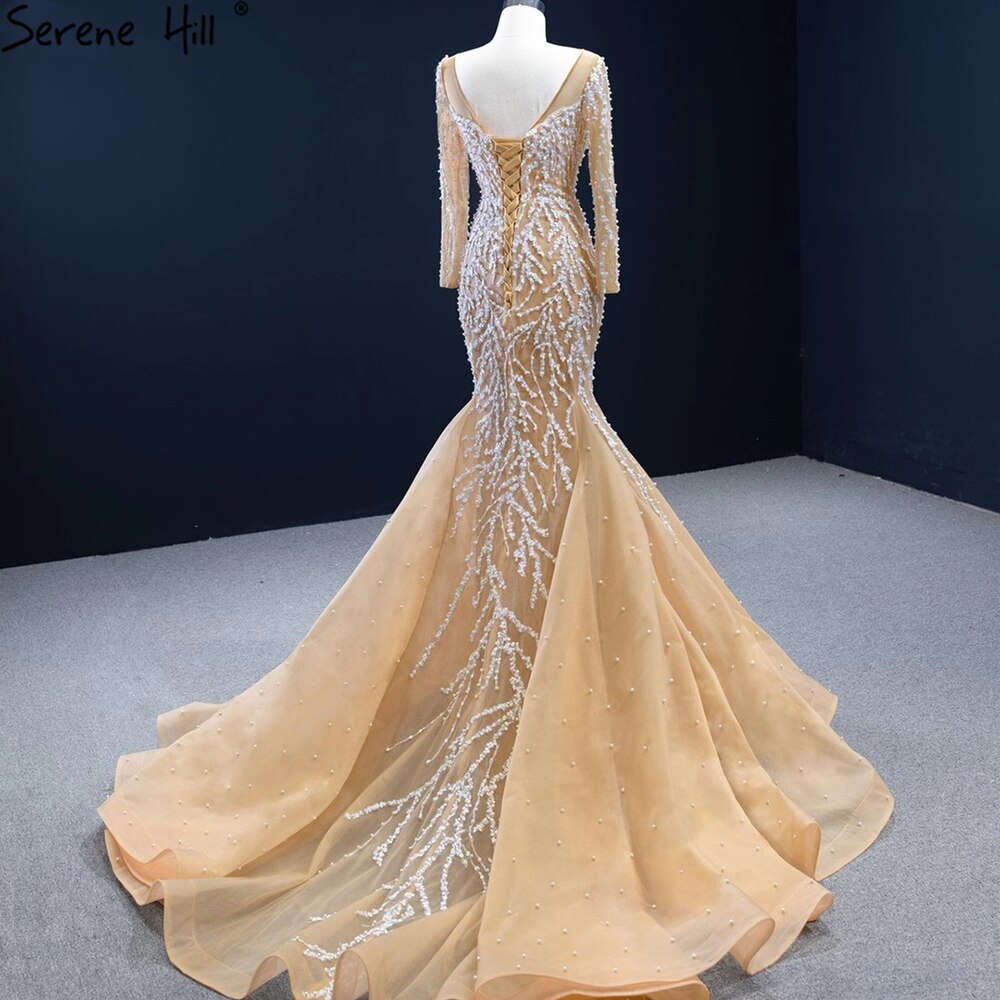 Muslimischen Champange Meerjungfrau Abendkleider 2025 Luxus Perlen Elegante Party Kleider Für Frauen HM67211 