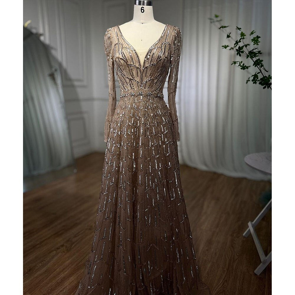 Vestidos de noche de diseñador musulmán de lujo color caramelo, corte A, escote en V y cuentas para mujer, para boda, fiesta, 2025, LA71940
