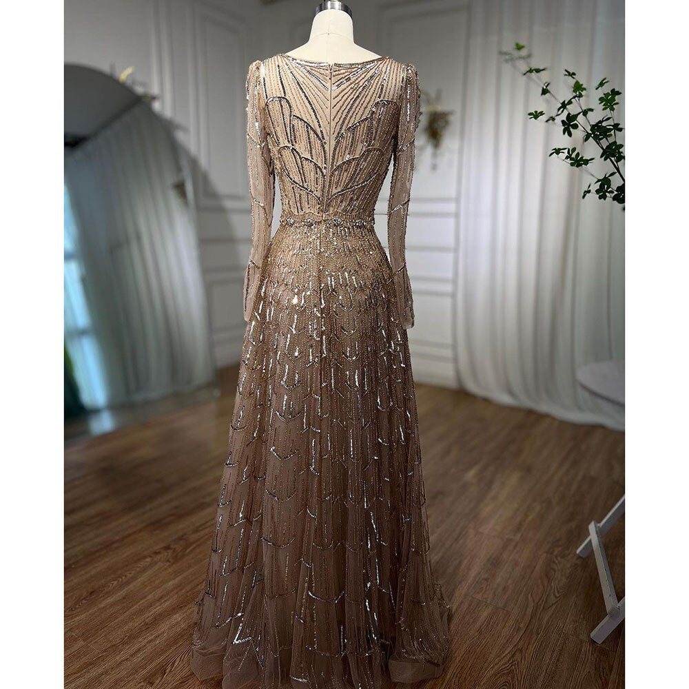 Vestidos de noche de diseñador musulmán de lujo color caramelo, corte A, escote en V y cuentas para mujer, para boda, fiesta, 2025, LA71940