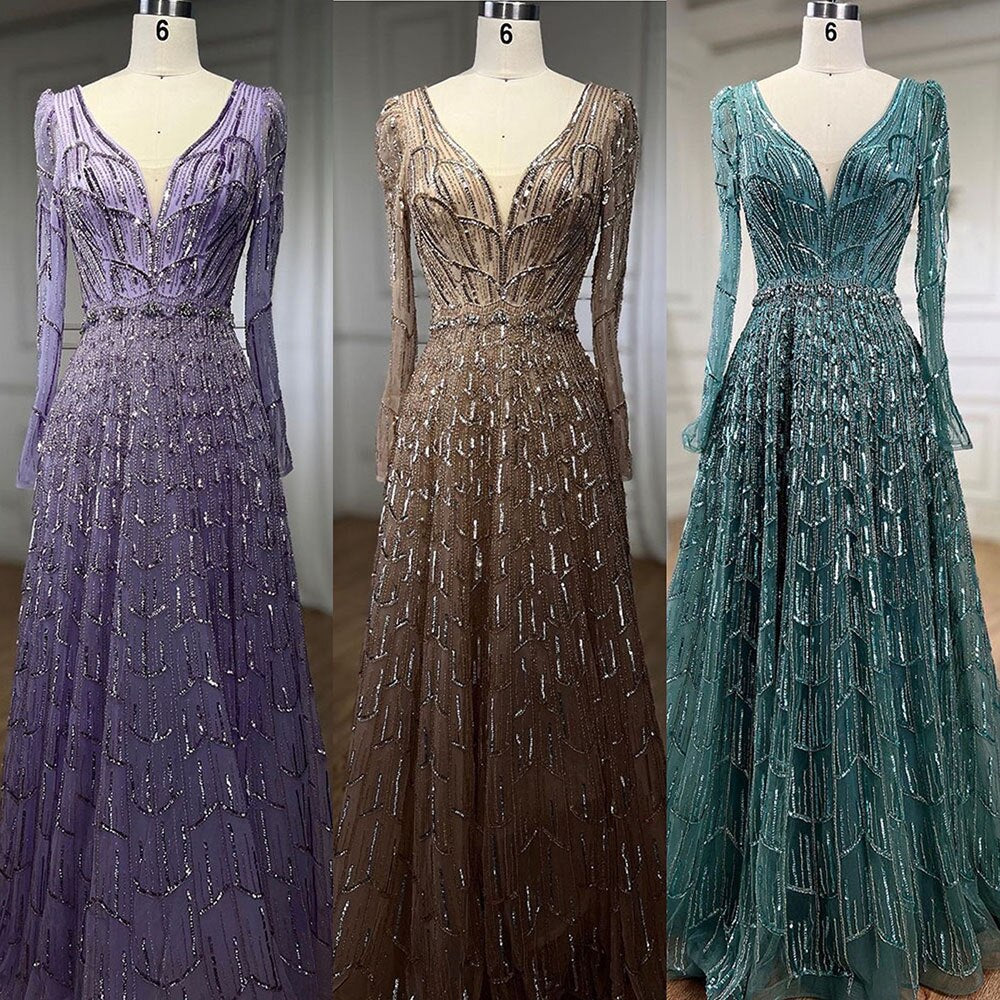 Vestidos de noche de diseñador musulmán de lujo color caramelo, corte A, escote en V y cuentas para mujer, para boda, fiesta, 2025, LA71940