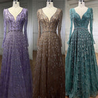 Vestidos de noche de diseñador musulmán de lujo color caramelo, corte A, escote en V y cuentas para mujer, para boda, fiesta, 2025, LA71940