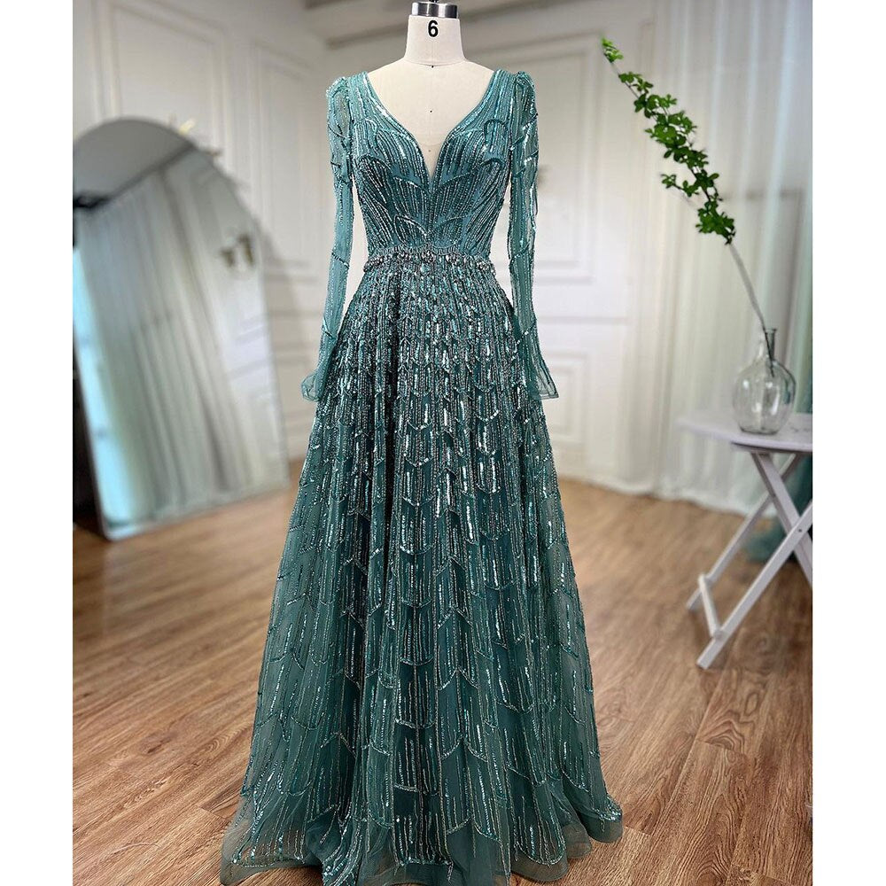 Vestidos de noche de diseñador musulmán de lujo color caramelo, corte A, escote en V y cuentas para mujer, para boda, fiesta, 2025, LA71940