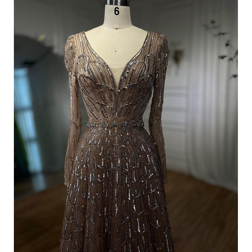 Vestidos de noche de diseñador musulmán de lujo color caramelo, corte A, escote en V y cuentas para mujer, para boda, fiesta, 2025, LA71940