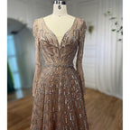 Vestidos de noche de diseñador musulmán de lujo color caramelo, corte A, escote en V y cuentas para mujer, para boda, fiesta, 2025, LA71940