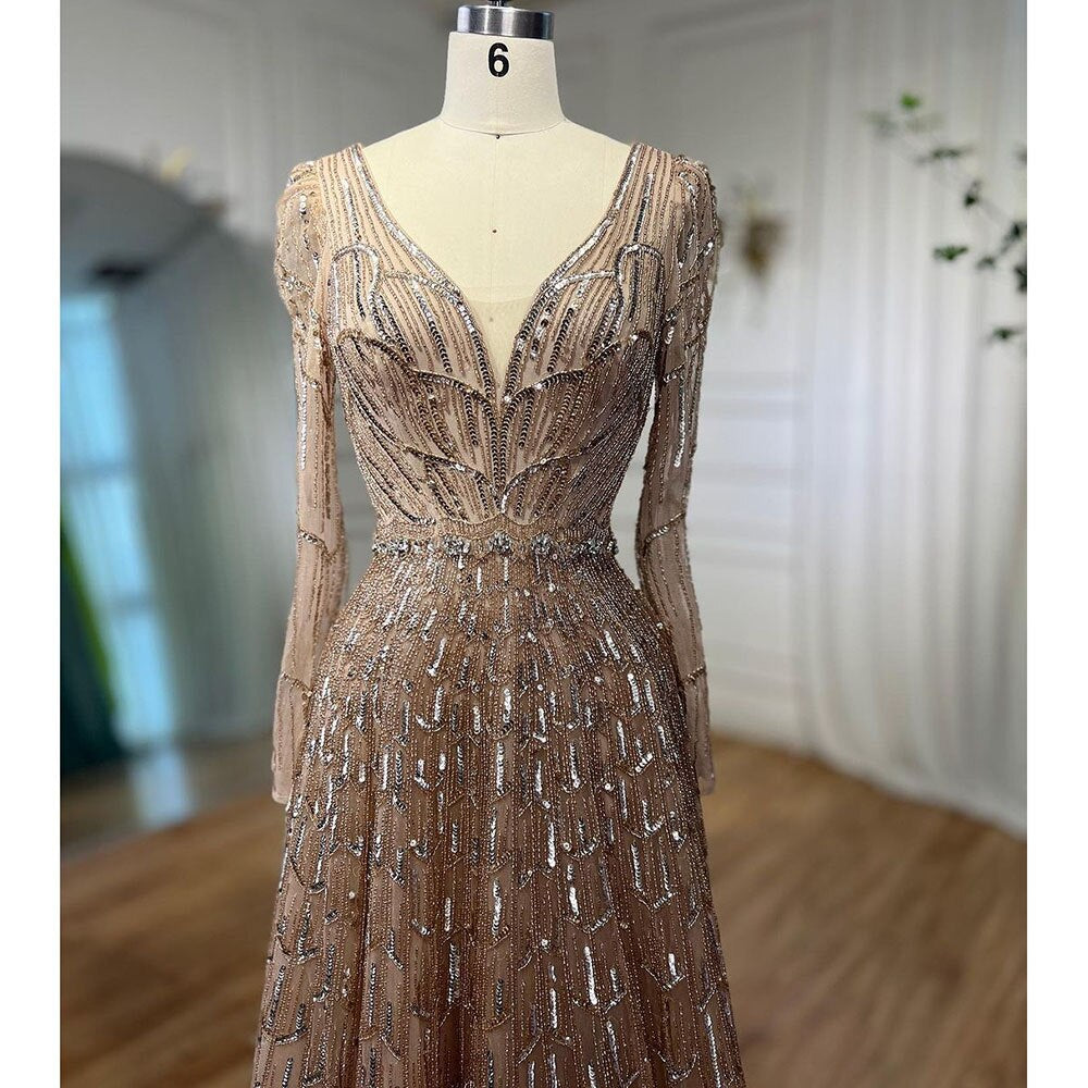 Vestidos de noche de diseñador musulmán de lujo color caramelo, corte A, escote en V y cuentas para mujer, para boda, fiesta, 2025, LA71940
