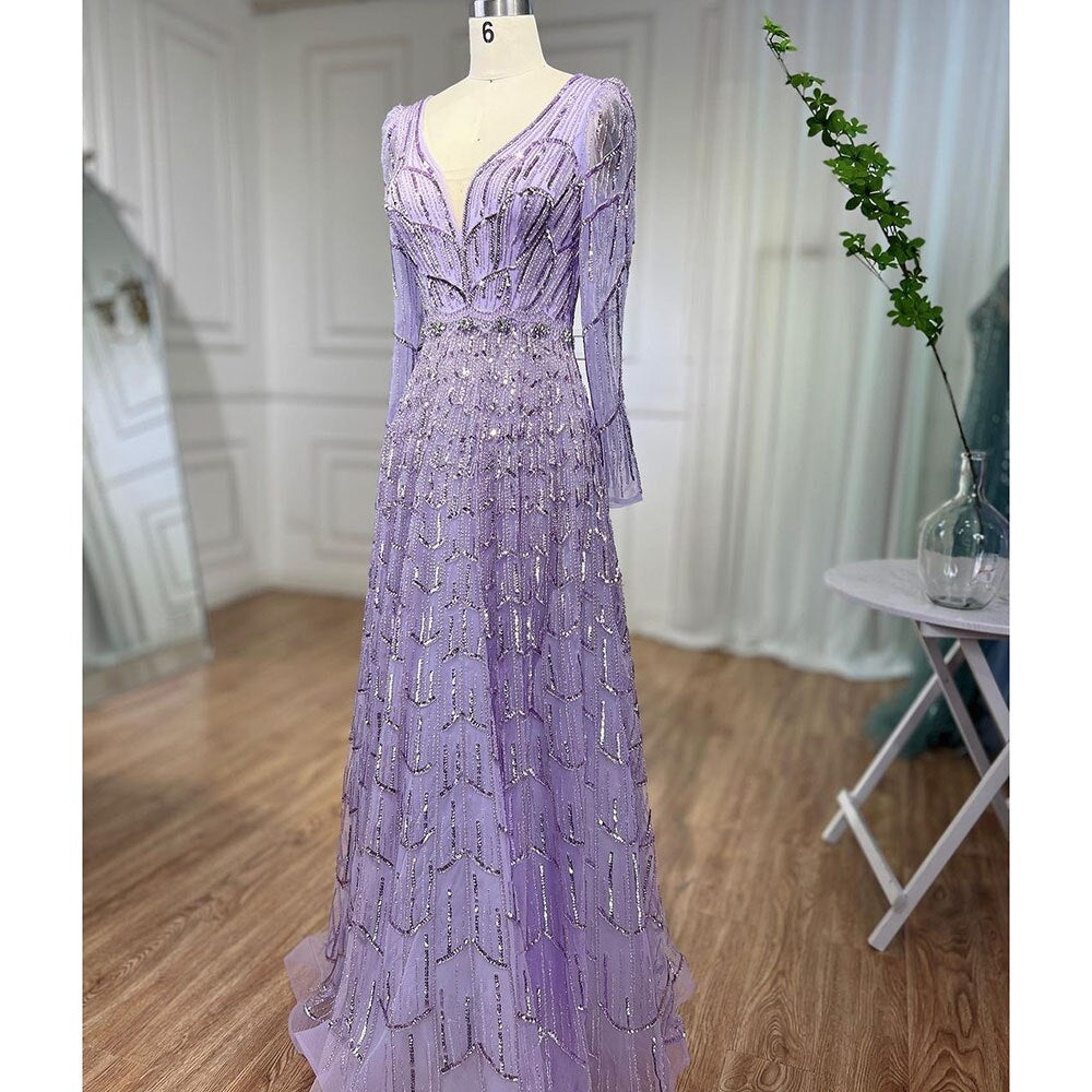 Vestidos de noche de diseñador musulmán de lujo color caramelo, corte A, escote en V y cuentas para mujer, para boda, fiesta, 2025, LA71940