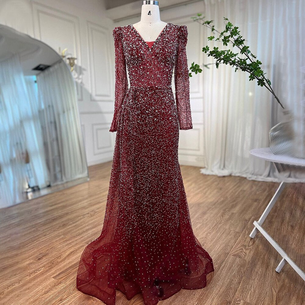 Muslimischen Designer Luxus Wein Red Mermaid V-ausschnitt Perlen Abendkleider Kleider Für Frauen Hochzeit Party 2025 LA72148 