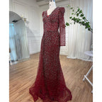 Muslimischen Designer Luxus Wein Red Mermaid V-ausschnitt Perlen Abendkleider Kleider Für Frauen Hochzeit Party 2025 LA72148 