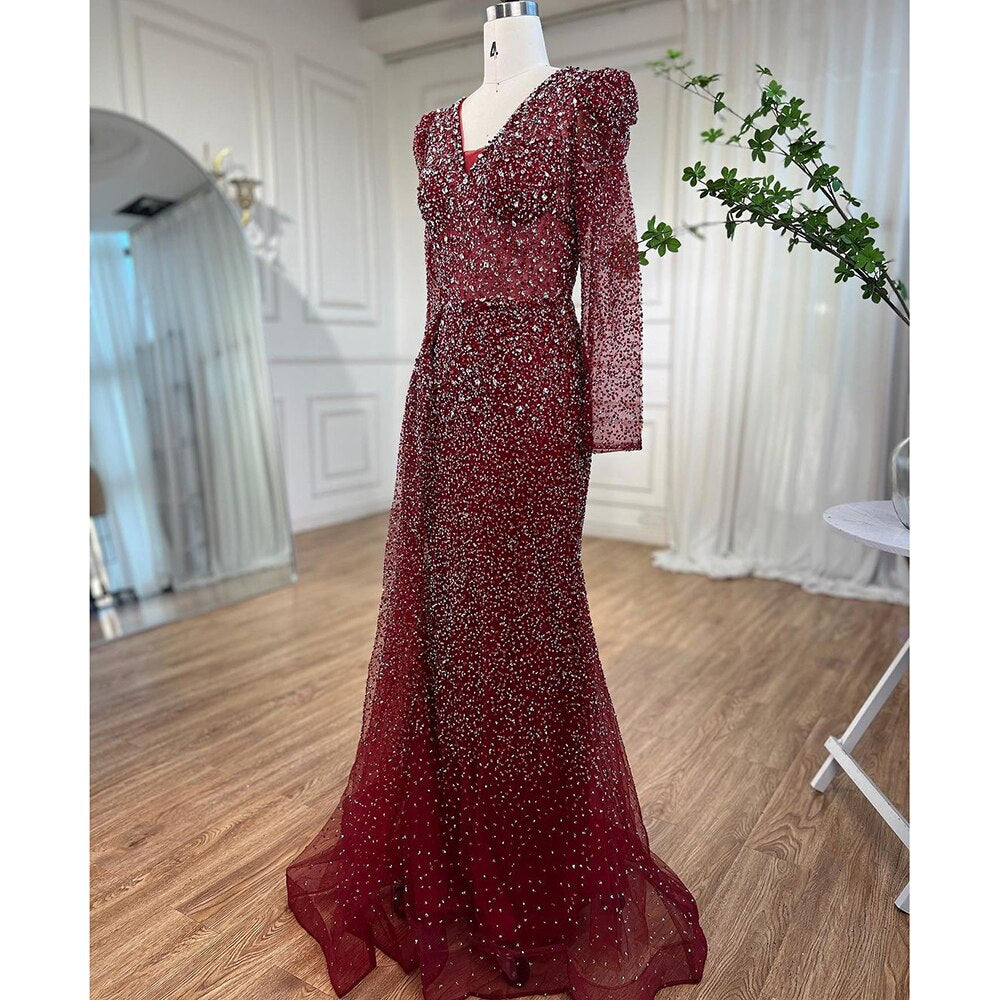 Muslimischen Designer Luxus Wein Red Mermaid V-ausschnitt Perlen Abendkleider Kleider Für Frauen Hochzeit Party 2025 LA72148 