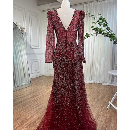 Muslim Designer Luxury Wine Red Mermaid V Neck Beaded Evening Dresses Gowns For Women Wedding Party 2025 LA72148