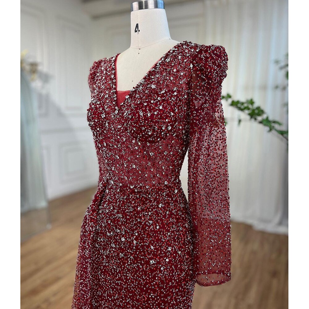 Muslimischen Designer Luxus Wein Red Mermaid V-ausschnitt Perlen Abendkleider Kleider Für Frauen Hochzeit Party 2025 LA72148 