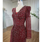 Muslimischen Designer Luxus Wein Red Mermaid V-ausschnitt Perlen Abendkleider Kleider Für Frauen Hochzeit Party 2025 LA72148 