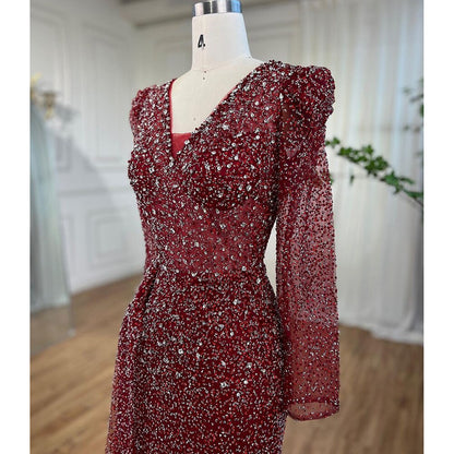 Muslim Designer Luxury Wine Red Mermaid V Neck Beaded Evening Dresses Gowns For Women Wedding Party 2025 LA72148