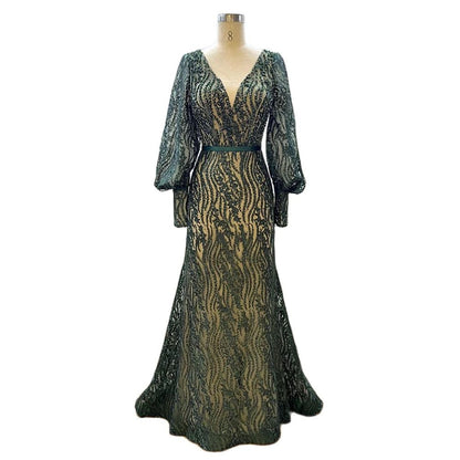 Muslim Elegant Puff Sleeves Green Mermaid V-Neck  Luxury Beaded Evening Dresses Gowns For Women Party 2025 LA71800