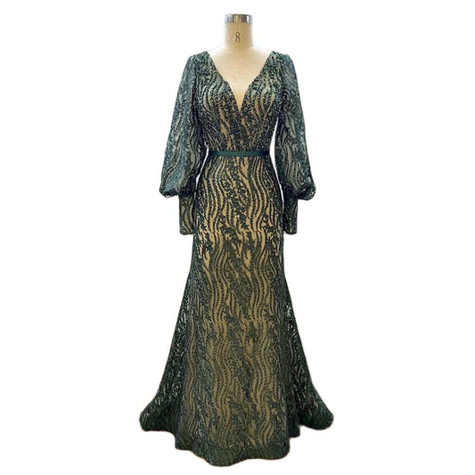 Muslim Elegant Puff Sleeves Green Mermaid V-Neck  Luxury Beaded Evening Dresses Gowns For Women Party 2025 LA71800