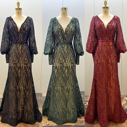Muslim Elegant Puff Sleeves Green Mermaid V-Neck  Luxury Beaded Evening Dresses Gowns For Women Party 2025 LA71800