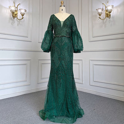 Muslim Elegant Puff Sleeves Green Mermaid V-Neck  Luxury Beaded Evening Dresses Gowns For Women Party 2025 LA71800