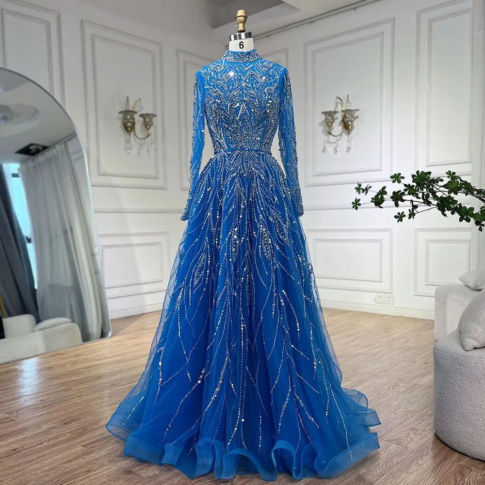 Elegante vestido de noche musulmán azul con cuentas y corte en A, de lujo, estilo Dubái, para mujer, para boda, fiesta, 2025, LA72302A 