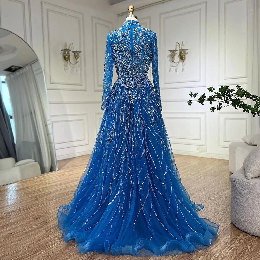 Elegante vestido de noche musulmán azul con cuentas y corte en A, de lujo, estilo Dubái, para mujer, para boda, fiesta, 2025, LA72302A 