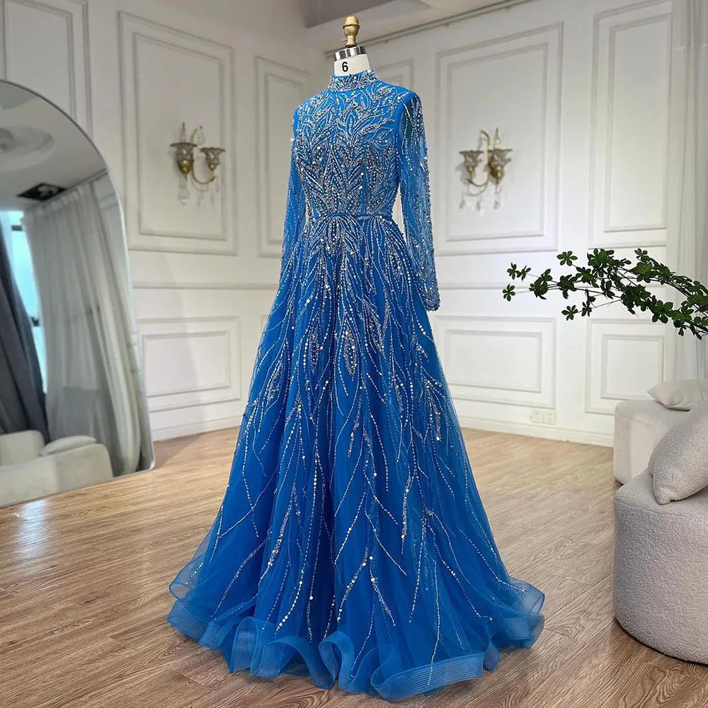 Elegante vestido de noche musulmán azul con cuentas y corte en A, de lujo, estilo Dubái, para mujer, para boda, fiesta, 2025, LA72302A 
