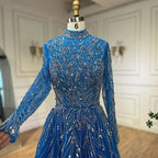 Elegante vestido de noche musulmán azul con cuentas y corte en A, de lujo, estilo Dubái, para mujer, para boda, fiesta, 2025, LA72302A 