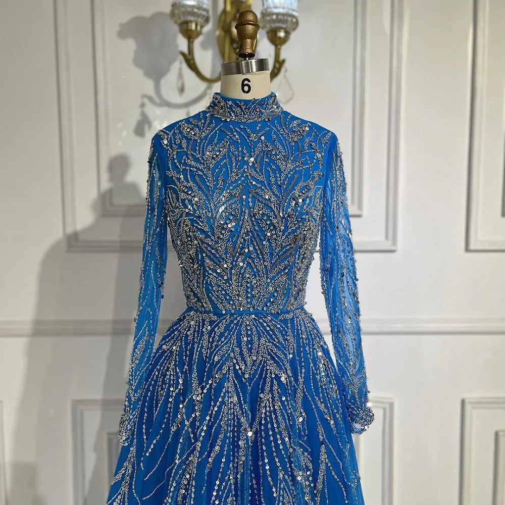Elegante vestido de noche musulmán azul con cuentas y corte en A, de lujo, estilo Dubái, para mujer, para boda, fiesta, 2025, LA72302A 