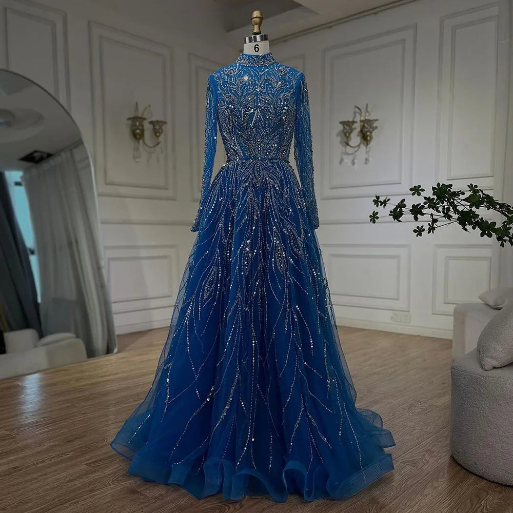 Elegante vestido de noche musulmán azul con cuentas y corte en A, de lujo, estilo Dubái, para mujer, para boda, fiesta, 2025, LA72302A 