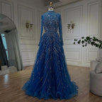 Elegante vestido de noche musulmán azul con cuentas y corte en A, de lujo, estilo Dubái, para mujer, para boda, fiesta, 2025, LA72302A 