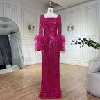 Muslim Fuchsia Luxury Beaded Feathers Mermaid Women Wedding Party Dubai Gowns Long Evening Dresses 2025 LA72565