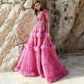 Muslimischen Fuschia Luxus Abendkleider Kleider 2025 A-Linie Perlen Tiered Für Frauen Party LA70986 