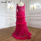 Muslimischen Fuschia Luxus Abendkleider Kleider 2025 A-Linie Perlen Tiered Für Frauen Party LA70986 