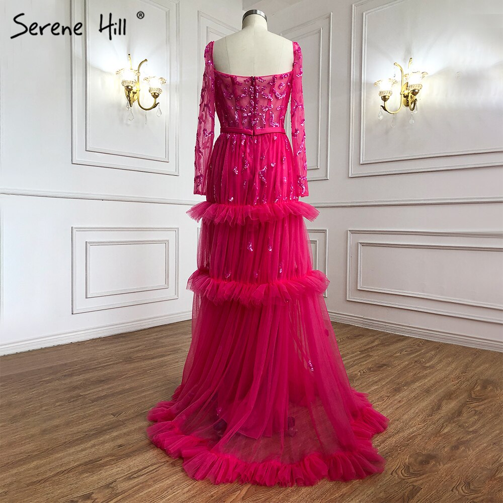 Muslimischen Fuschia Luxus Abendkleider Kleider 2025 A-Linie Perlen Tiered Für Frauen Party LA70986 