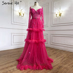 Muslimischen Fuschia Luxus Abendkleider Kleider 2025 A-Linie Perlen Tiered Für Frauen Party LA70986 
