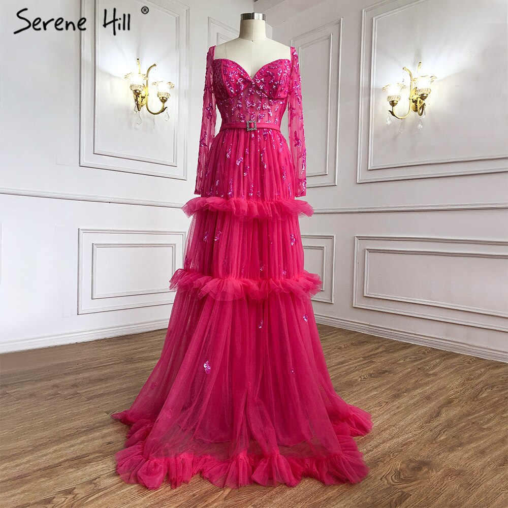 Muslimischen Fuschia Luxus Abendkleider Kleider 2025 A-Linie Perlen Tiered Für Frauen Party LA70986 