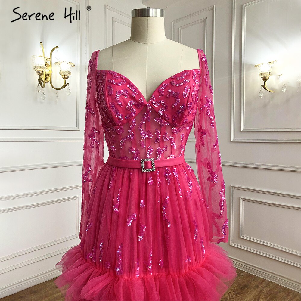 Muslimischen Fuschia Luxus Abendkleider Kleider 2025 A-Linie Perlen Tiered Für Frauen Party LA70986 